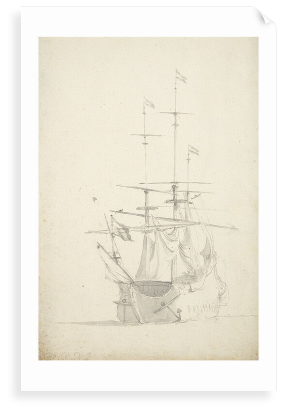 A Dutch ship bending sails by Willem Van de Velde the Younger