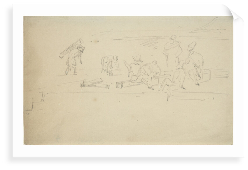 Figures seated on balks of timber on a wharf by Willem Van de Velde the Younger