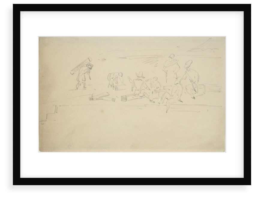 Figures seated on balks of timber on a wharf by Willem Van de Velde the Younger
