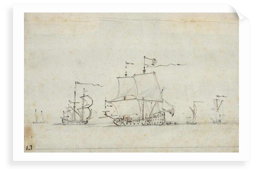 A flagship close-hauled on the starboard tack by Willem Van de Velde the Younger