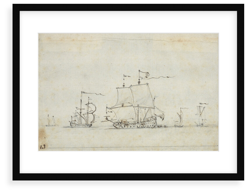 A flagship close-hauled on the starboard tack by Willem Van de Velde the Younger