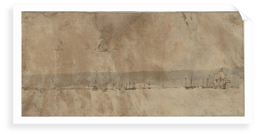 Distant vessels silhouetted against a coastline by Willem van de Velde the Elder