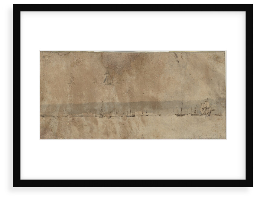 Distant vessels silhouetted against a coastline by Willem van de Velde the Elder
