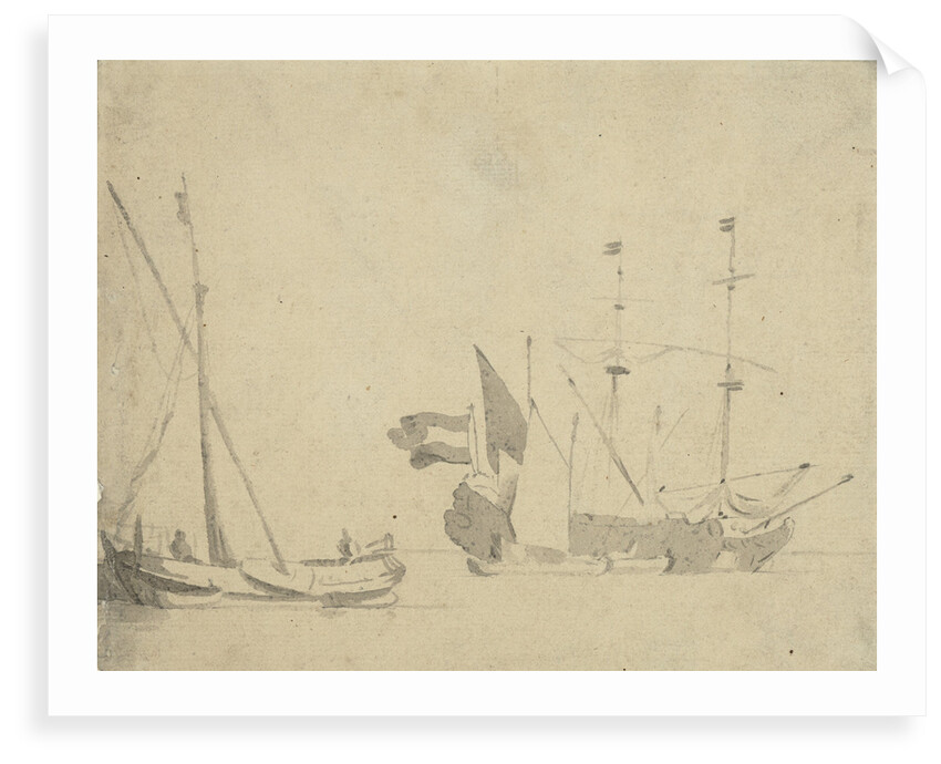 A boeier at a pier and a Dutch ship at anchor by Willem Van de Velde the Younger
