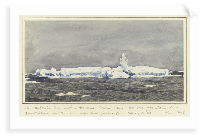 An antarctic berg with a crevasse through which the sea fountains to a great height as the ice rises and falls to a heavy swell by Alister Hardy