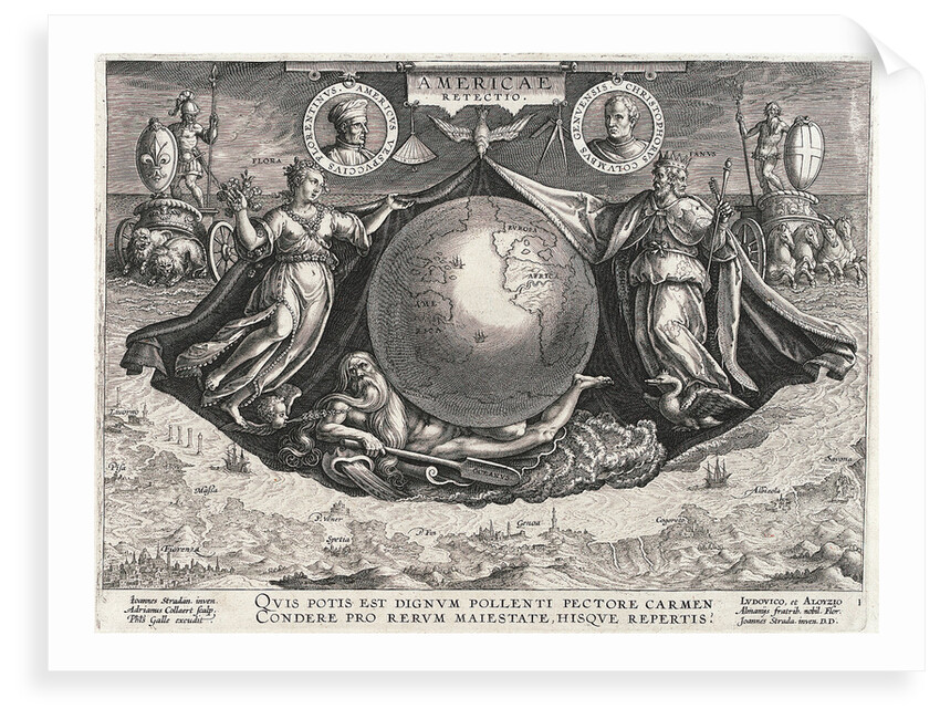Americae Retectio (The Globe showing America, Africa and Europe and a panorama of Europe also portraits of Christopher Columbus and Amerigo Vespucci) by Johannes Stradanus