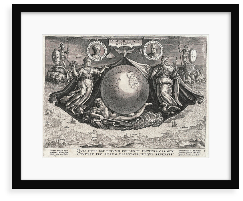 Americae Retectio (The Globe showing America, Africa and Europe and a panorama of Europe also portraits of Christopher Columbus and Amerigo Vespucci) by Johannes Stradanus