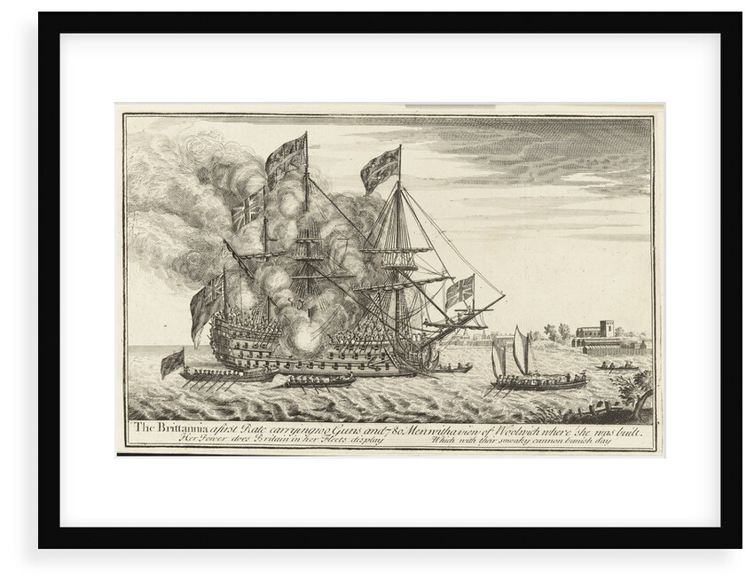 The Brittannia a first Rate carrying 100 Guns and 780 Men with a view of Woolwich where she was built by unknown