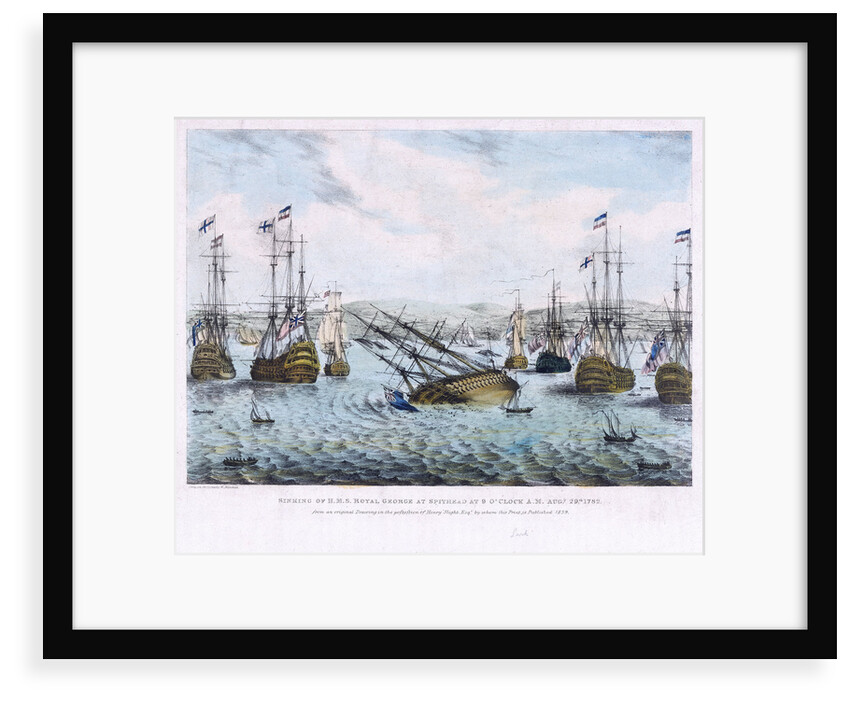 Sinking of H.M.S. Royal George at Spithead at 9 o'clock A.M. Augt 29th 1782 from an original Drawing in the possession of Henry Slight Esqr by whom this Print is Published 1839 by W. Mitchell