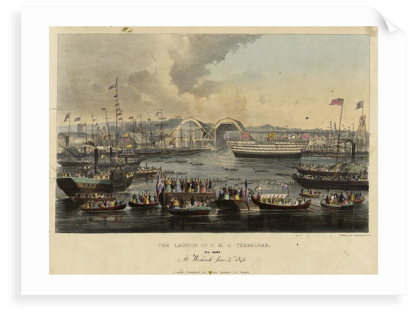 The launch of HMS 'Trafalgar', 120 guns, at Woolwich, 21 June 1841 by W. Kohler