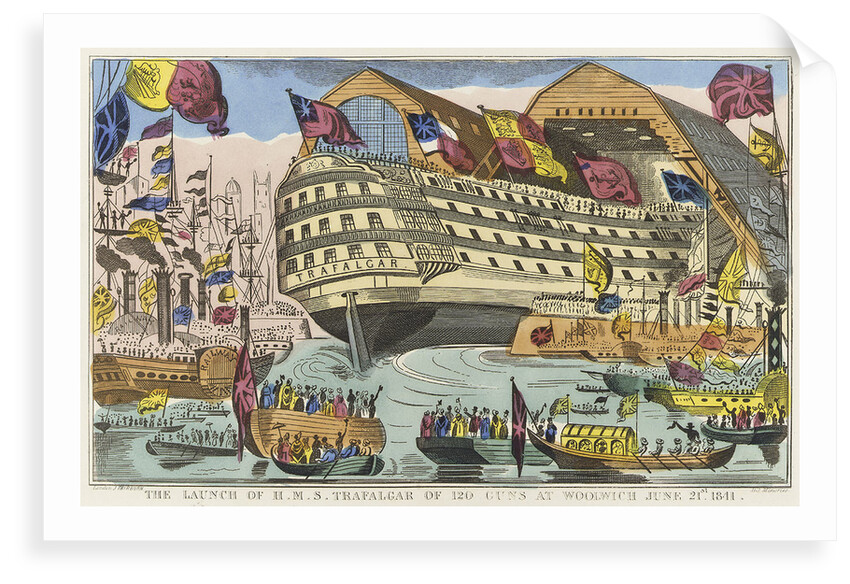 The launch of HMS 'Trafalgar' of 120 guns at Woolwich, 21 June 1841 by J. Fairburn