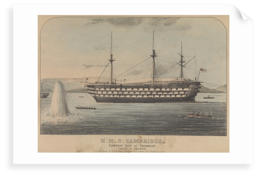 HMS 'Cambridge' Gunnery ship at Devonport, firing a torpedo by H. M. Currie & Son (publishers)