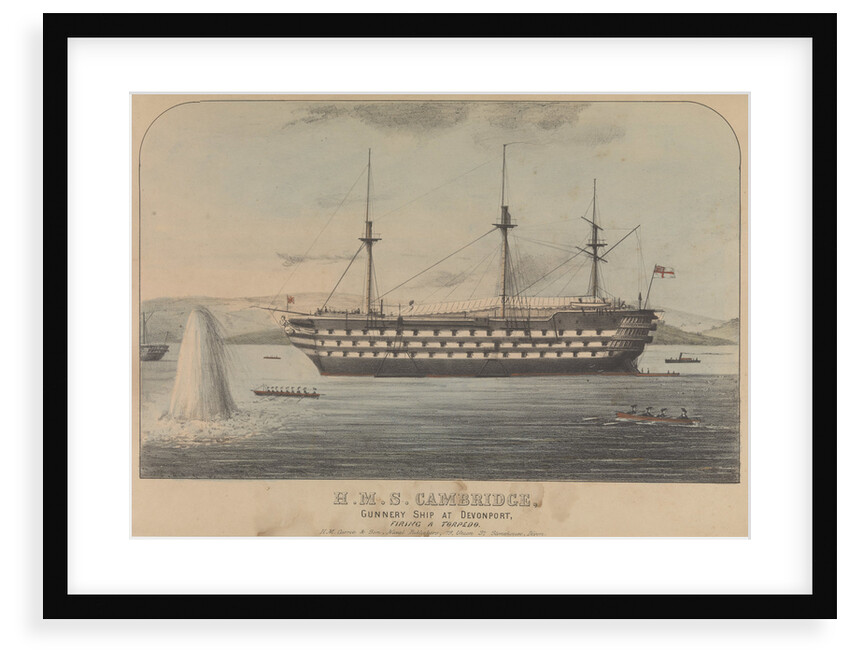 HMS 'Cambridge' Gunnery ship at Devonport, firing a torpedo by H. M. Currie & Son (publishers)