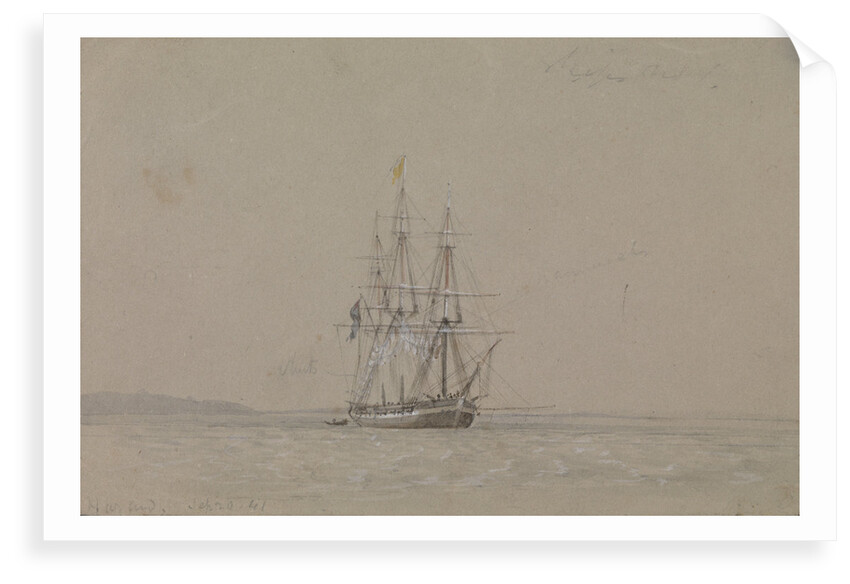 HMS 'Hazard', 20 September 1841, flying a yellow quarantine flag, with notes by Oswald Walter Brierly