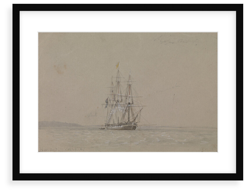 HMS 'Hazard', 20 September 1841, flying a yellow quarantine flag, with notes by Oswald Walter Brierly
