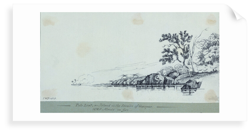 Pulo Leat, an Island in the Straits of Gaspar: HMS 'Alceste' on fire by C. W. Browne