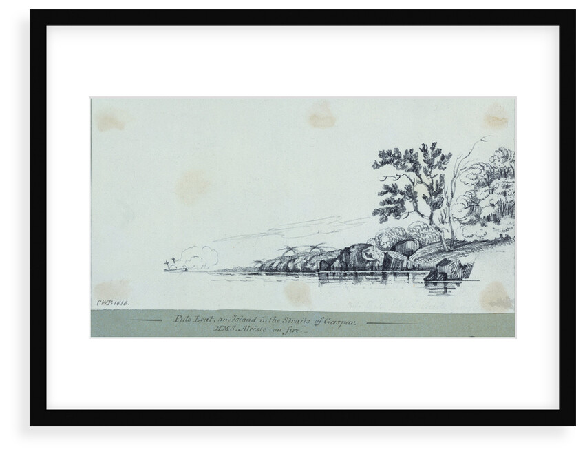 Pulo Leat, an Island in the Straits of Gaspar: HMS 'Alceste' on fire by C. W. Browne