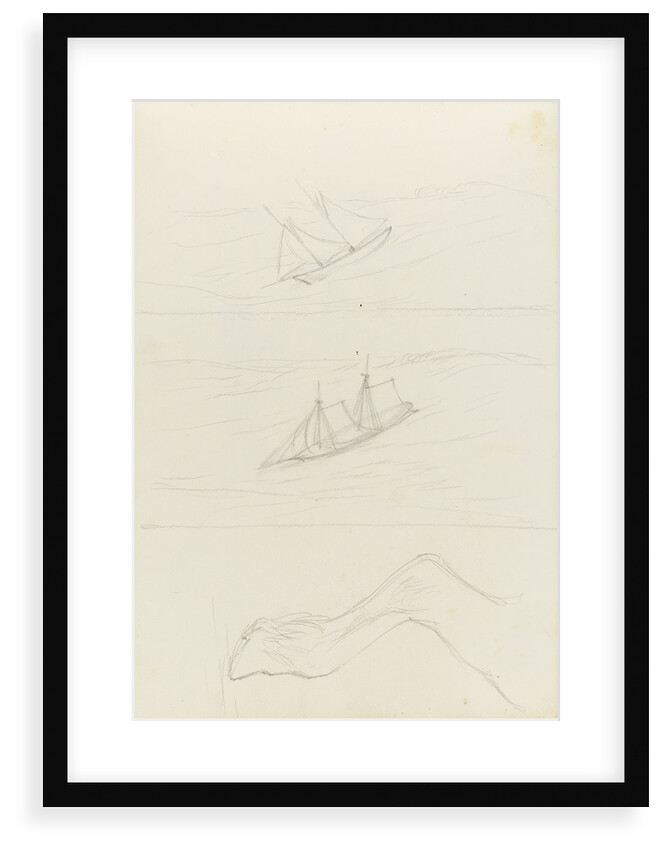 Two slight sketches of a two masted sailing craft and one of a horse's hind leg by John Brett