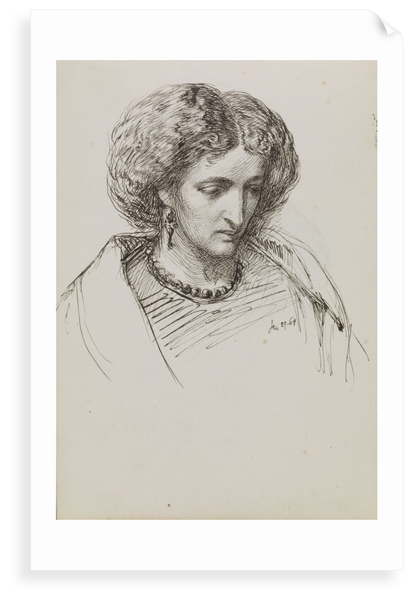 Head and shoulders portrait sketch of woman with eyes downcast by John Brett