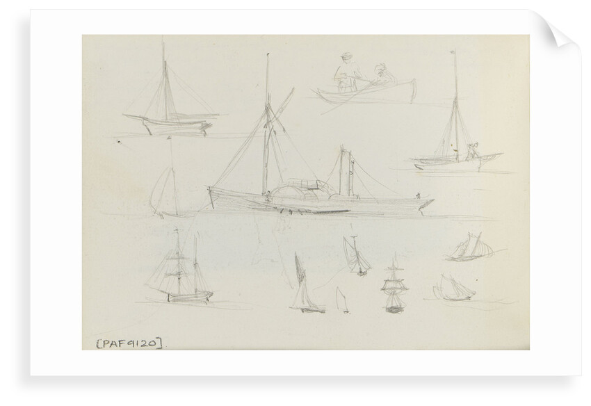 Sketch of two sailing vessels on a blue sea. With colour notes by John Brett