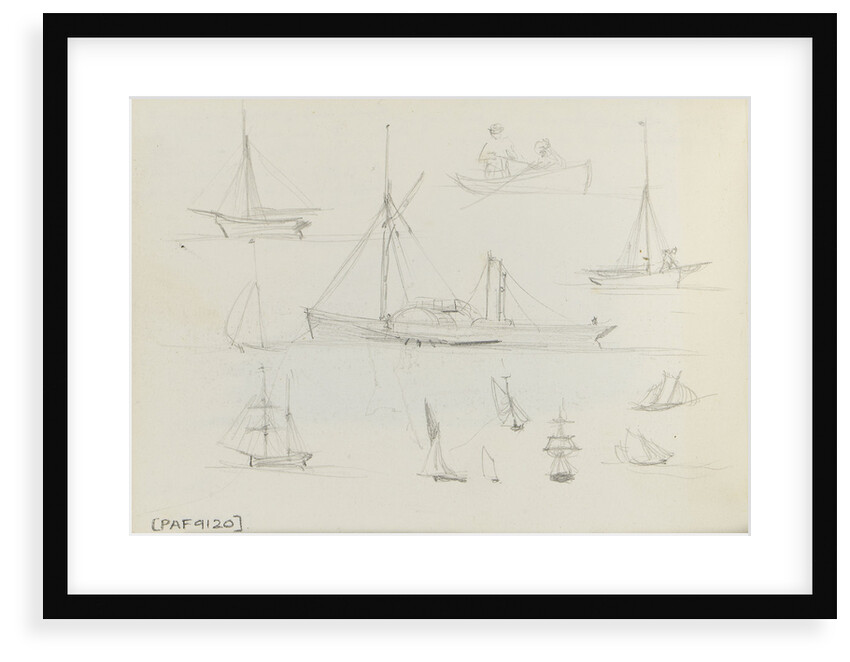 Sketch of two sailing vessels on a blue sea. With colour notes by John Brett