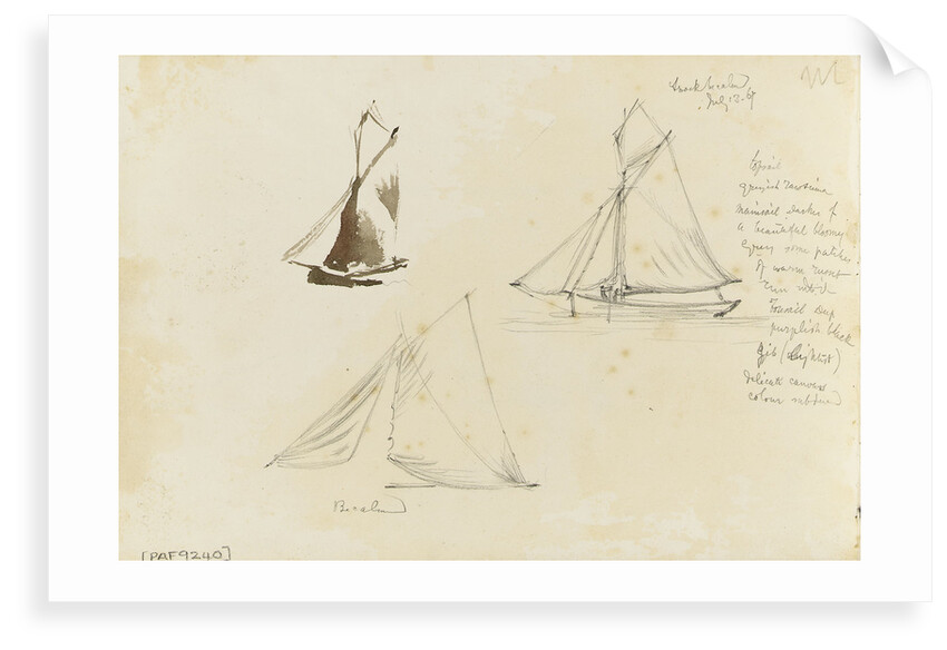 Two rough coastal profile sketches, one with a sailing vessel by John Brett