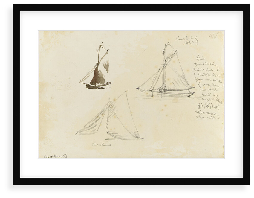 Two rough coastal profile sketches, one with a sailing vessel by John Brett