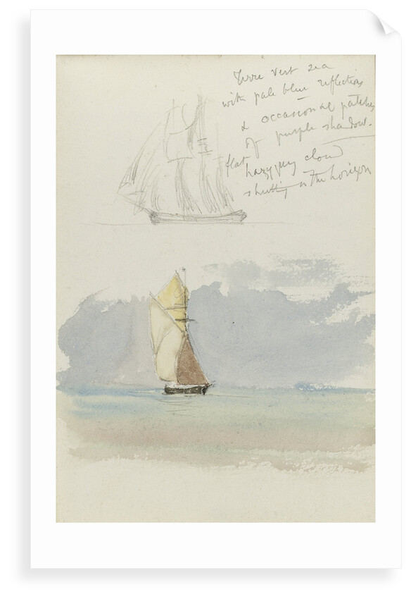 Two sketches of a sailing vessel at sea by John Brett