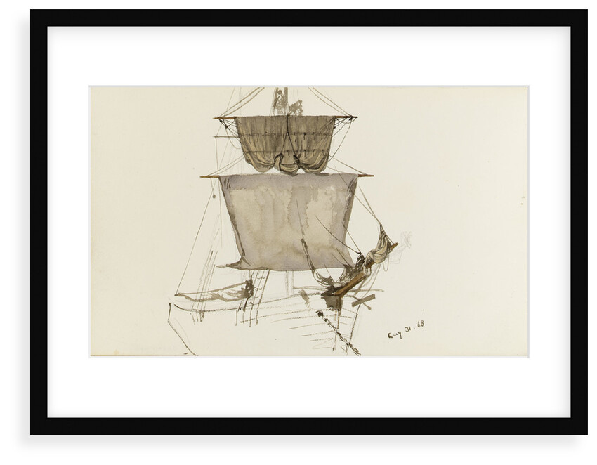 Sketch of sailing vessel with square sails - unfinished (on reverse) by John Brett