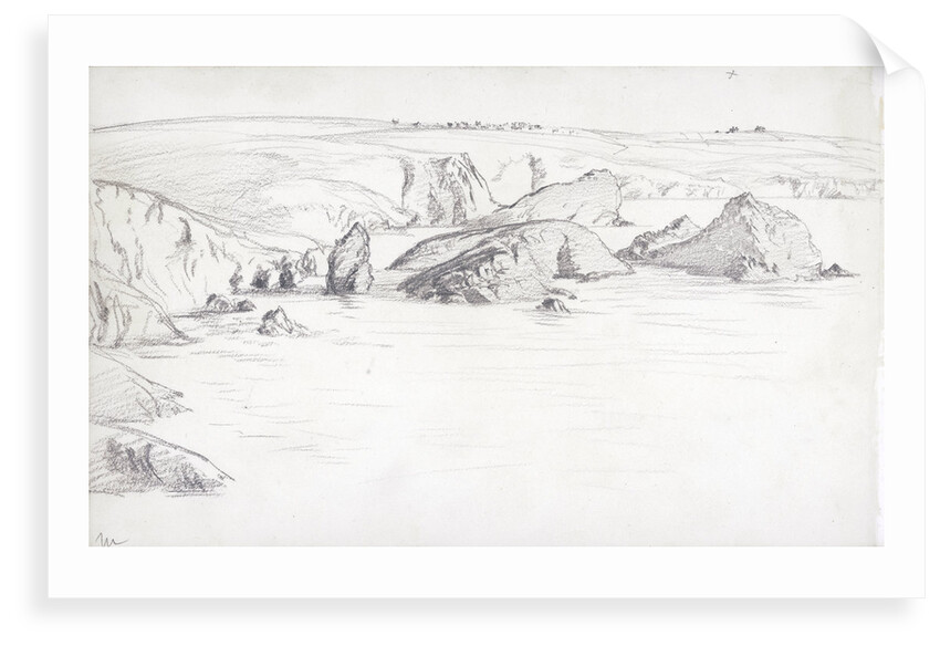 Sketch of a flat coastal view in Cornwall with rocks in the sea by John Brett