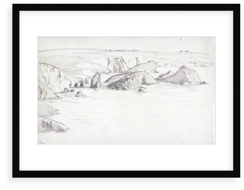 Sketch of a flat coastal view in Cornwall with rocks in the sea by John Brett