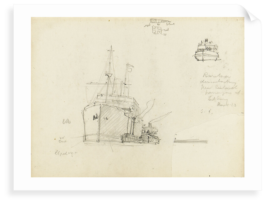Sketch of Rotorua disembarking New Zealand passengers at Tilbury by Nelson Dawson