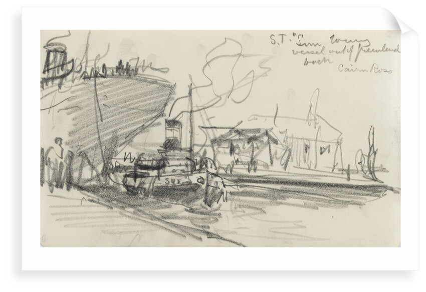 Sketch of Thames scene, 'S.T. Sun' towing the 'Cairn Ross' out of Greenland Dock (on reverse) by Nelson Dawson