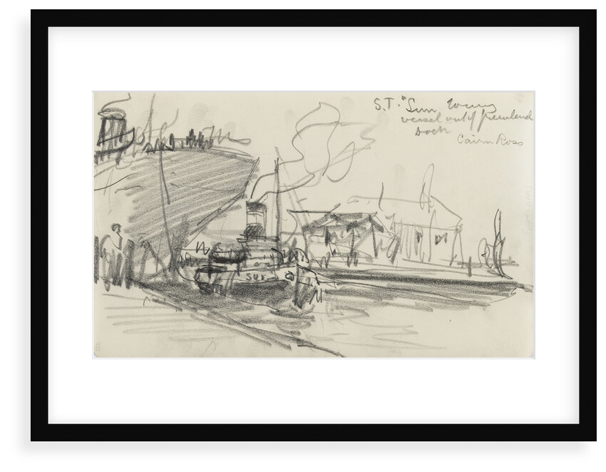 Sketch of Thames scene, 'S.T. Sun' towing the 'Cairn Ross' out of Greenland Dock (on reverse) by Nelson Dawson