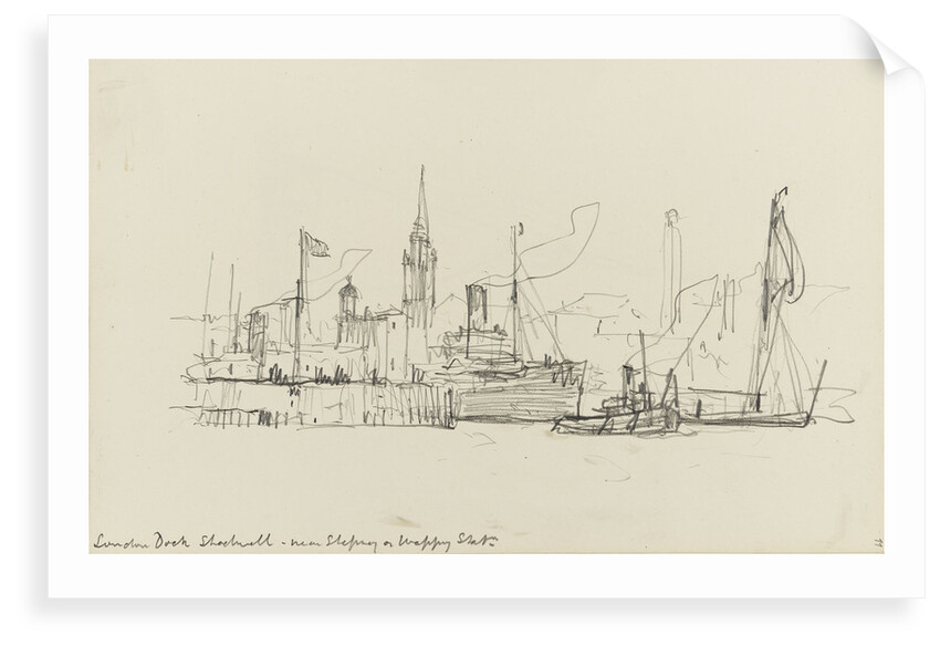 Sketch of various vessels in London Dock, Shadwell, near Stepney or Wapping Station by Nelson Dawson