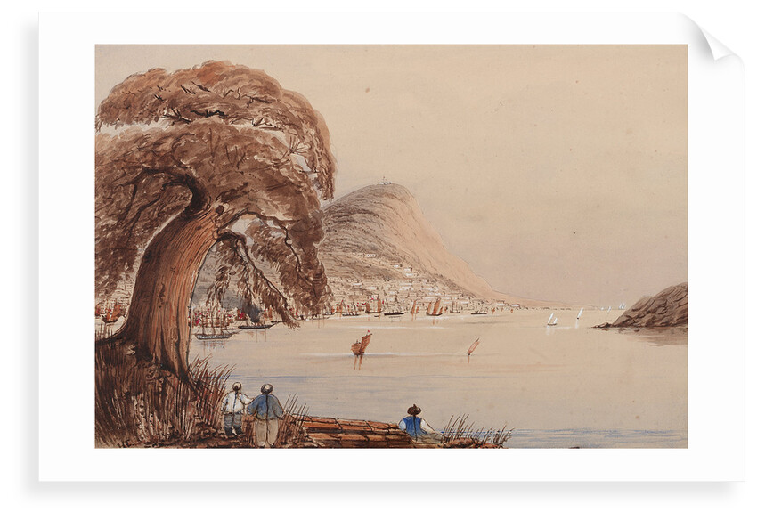 View of a coastal city with tree and figures in the foreground by Harry Edmund Edgell