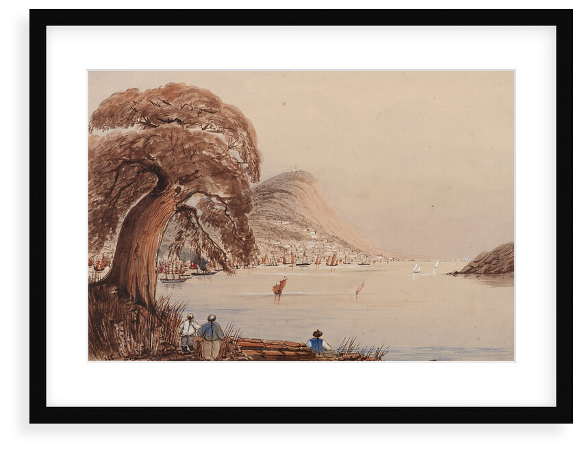 View of a coastal city with tree and figures in the foreground by Harry Edmund Edgell