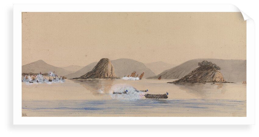 British boats in action with Chinese junks, Edgell Island Great West River 1857 by Harry Edmund Edgell