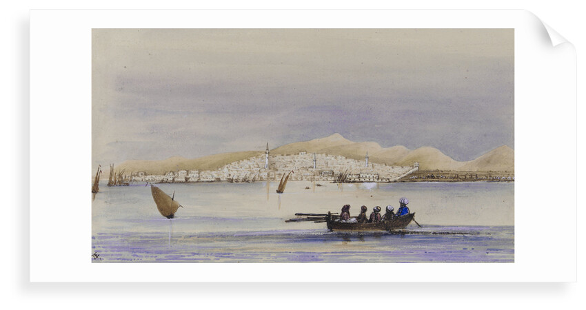 Arabian dressed figures in a rowing boat with town of Djeddah on the Red Sea in background by Harry Edmund Edgell