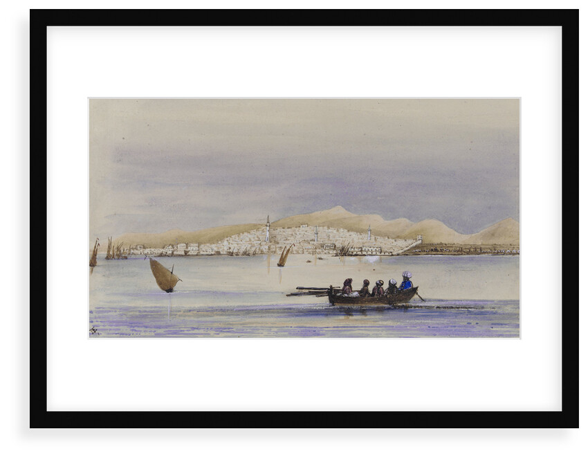 Arabian dressed figures in a rowing boat with town of Djeddah on the Red Sea in background by Harry Edmund Edgell