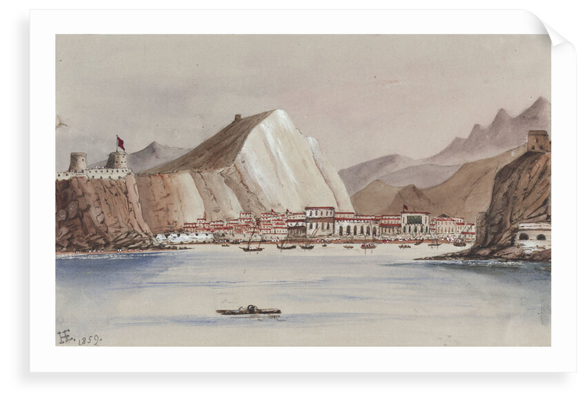 View of coastal town with mountains behind by Harry Edmund Edgell