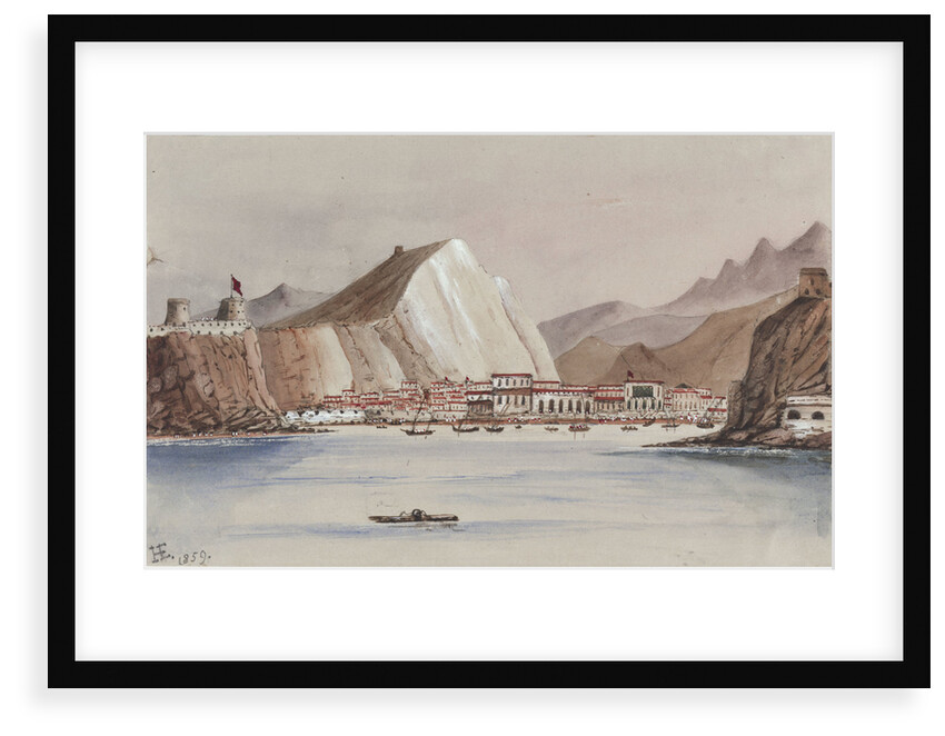 View of coastal town with mountains behind by Harry Edmund Edgell