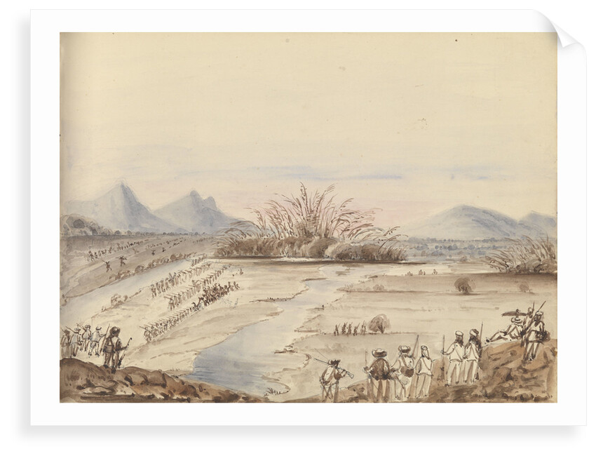 Battle of the White Cloud Mountains showing troops lined up either side of a river by Harry Edmund Edgell