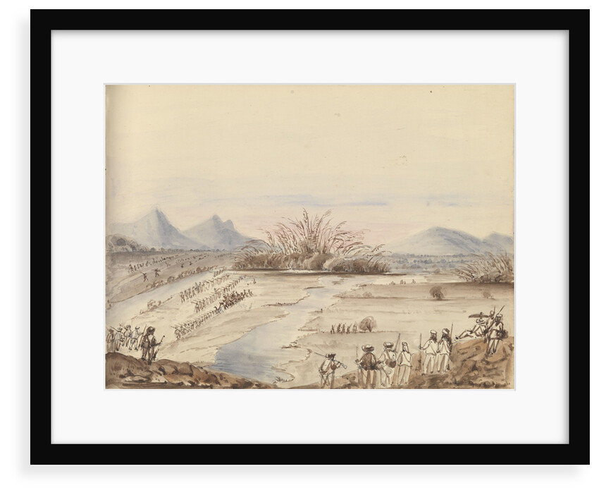 Battle of the White Cloud Mountains showing troops lined up either side of a river by Harry Edmund Edgell