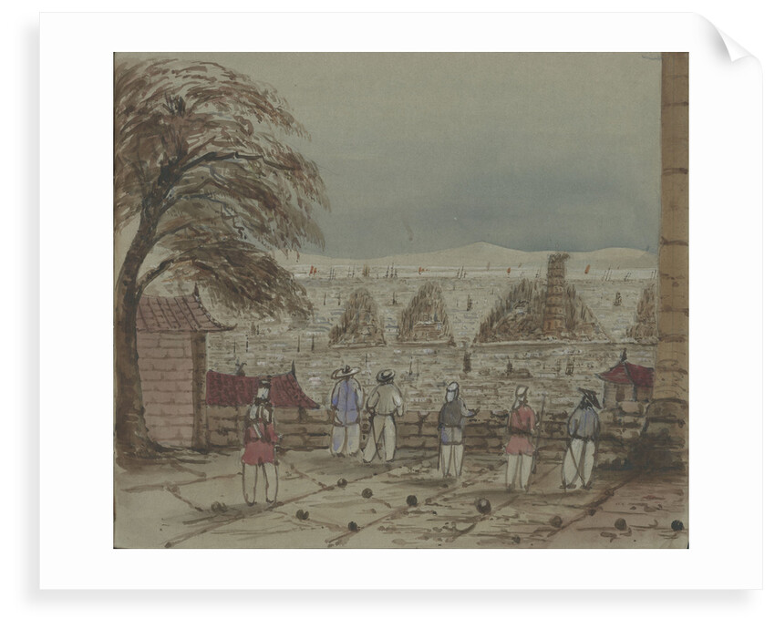 Canton. View from inside a fort showing guards looking out over sea with a pagoda on a small island by Harry Edmund Edgell