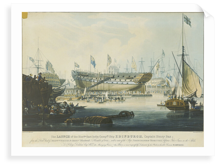 The Launch of the Honourable East India Company's Ship 'Edinburgh' from the dock yard of Messrs Wigrams & Green Blackwall with a view of the ship 'Abercrombie Robinson' on the stocks by William John Huggins