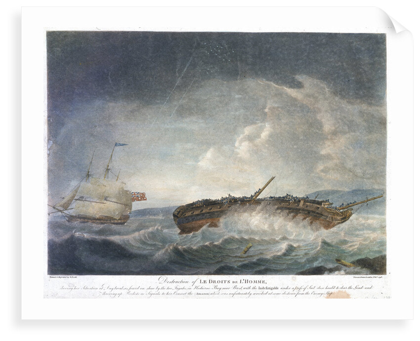 Destruction of Le Droits de L'Homme... Frigates in Hodierne Bay near Brest, with the 'Indefatigable' (1784)... throwing up rockets... 13 Jan 1797 by Robert Dodd