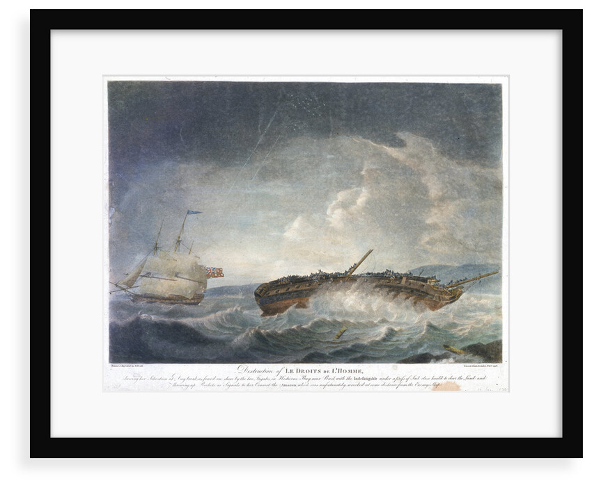 Destruction of Le Droits de L'Homme... Frigates in Hodierne Bay near Brest, with the 'Indefatigable' (1784)... throwing up rockets... 13 Jan 1797 by Robert Dodd