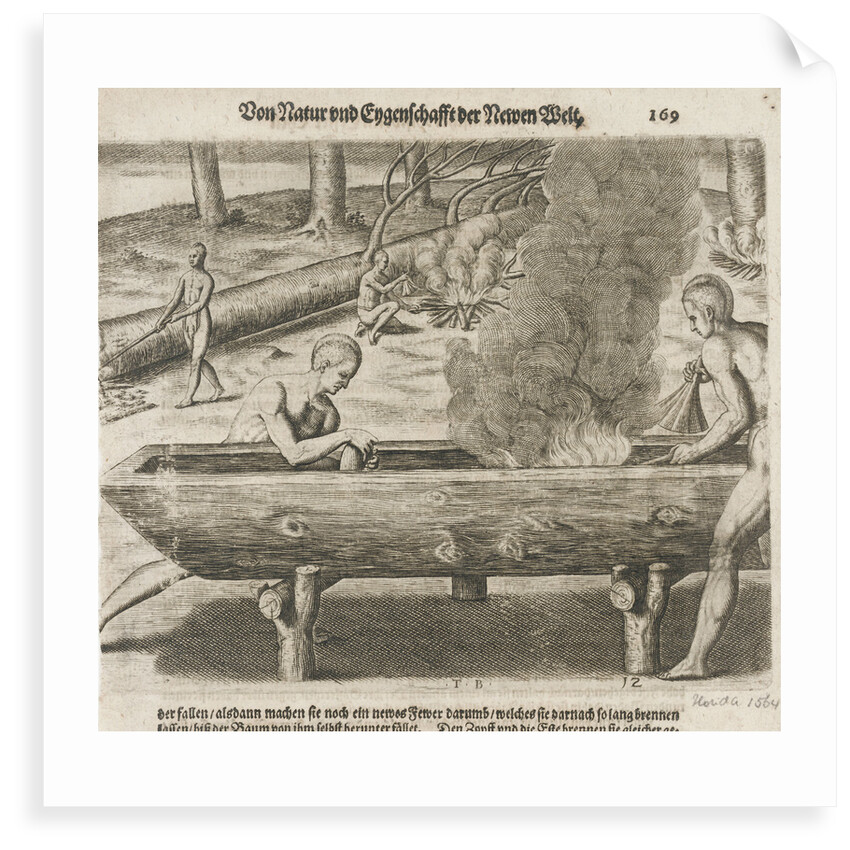 Natives hollowing tree trunks for boats, Florida 1564 by unknown