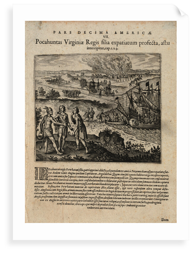 ‘Captain Argall takes Pocahontas the daughter of King Powhatan on board his ship’ by Johannus Theodorus de Bry